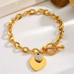 Gold Plated Stainless Steel Heart Pendant Toggle Bracelet